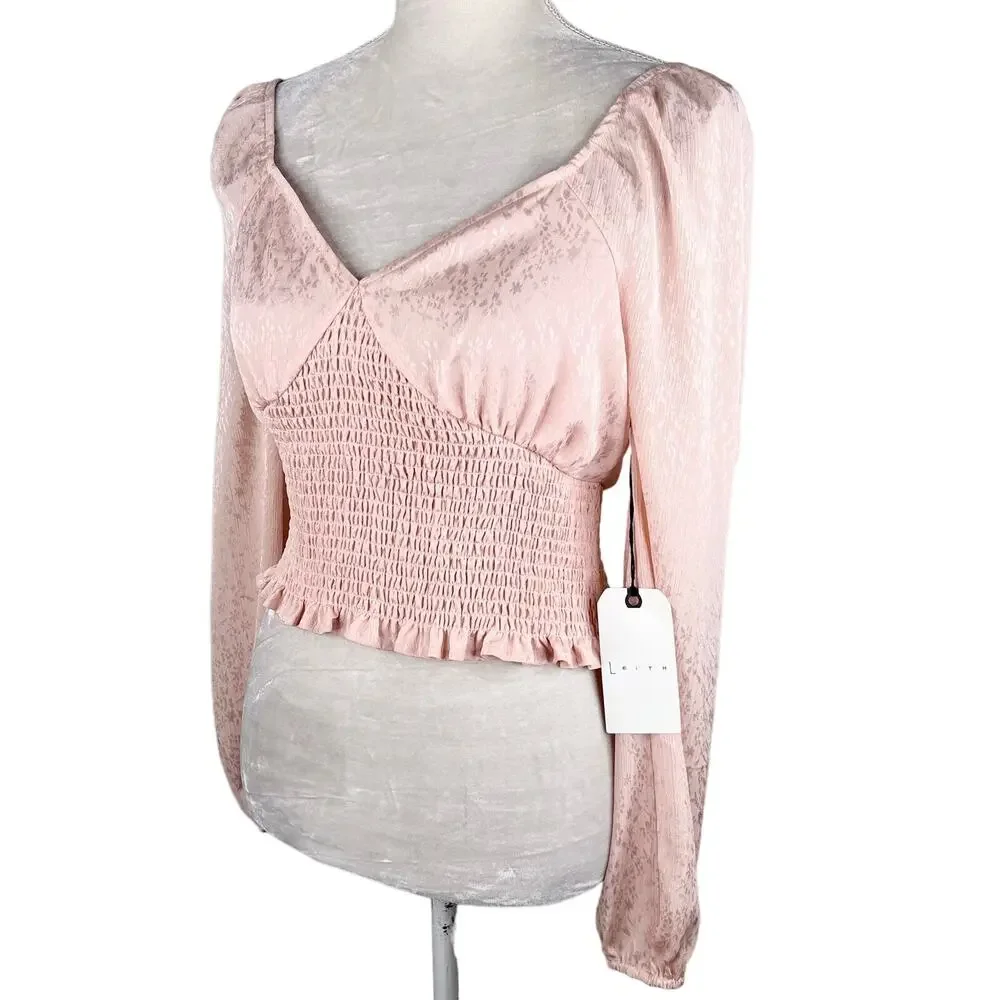 Leith Blouse Crop Top Smocked Pink Smoke M New